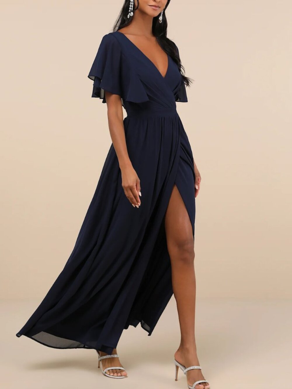 Convincing Grace Navy Blue Flutter Sleeve Wrap Maxi Dress from Lulus